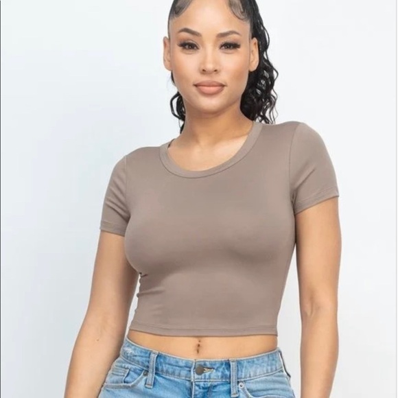 TAUPE SHORT SLEEVE CROP TOP SHIRT - Picture 1 of 1